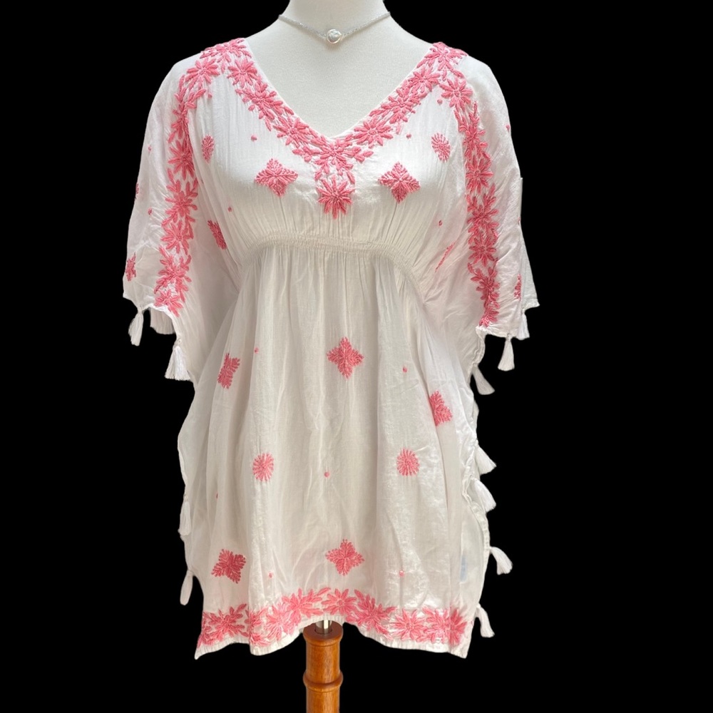 Original Letarte Maui HI Beach Coverup Pink White v-neck Embroidered XLP Floral - Picture 1 of 15